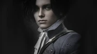 A dark, atmospheric portrait of a young character, featuring an intricate costume and a haunting expression, embodying themes of deception and transformation in a video game inspired by Pinocchio.