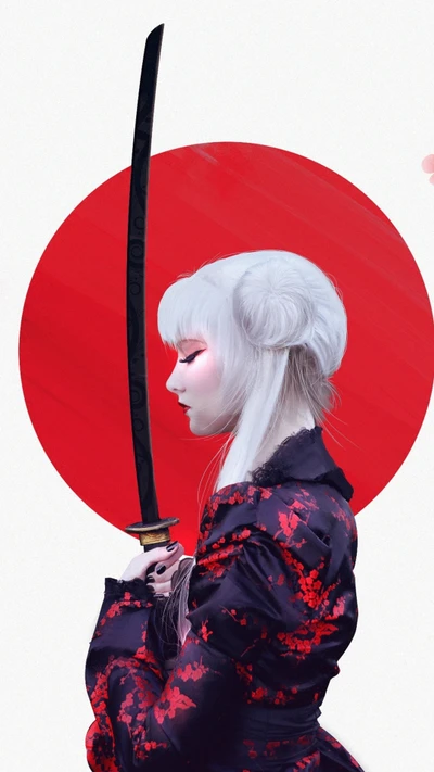 Elegância Samurai: Um guerreiro coroado de magenta em estilo anime