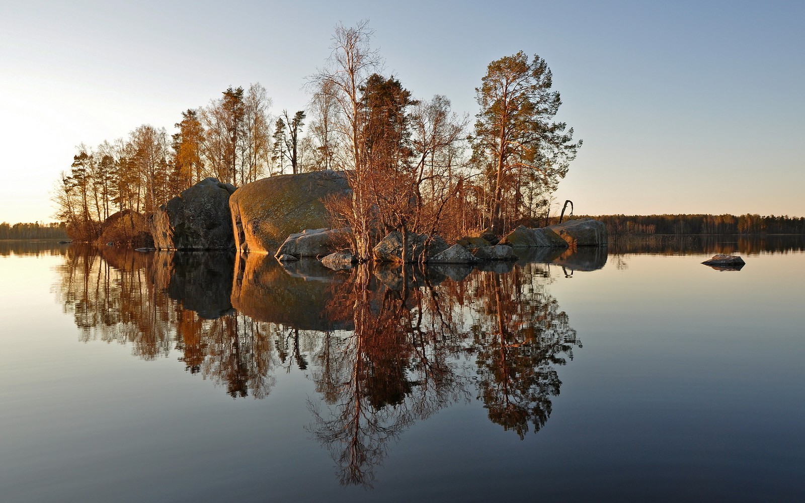 Los árboles se reflejan en las aguas tranquilas de un lago (reflexión, agua, árbol, mañana, lago)