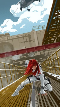 Natasha Romanoff en action, prête sur un pont en métal avec un hélicoptère au-dessus, alliant agilité de super-héros et architecture urbaine dans une scène dynamique du Marvel Cinematic Universe.