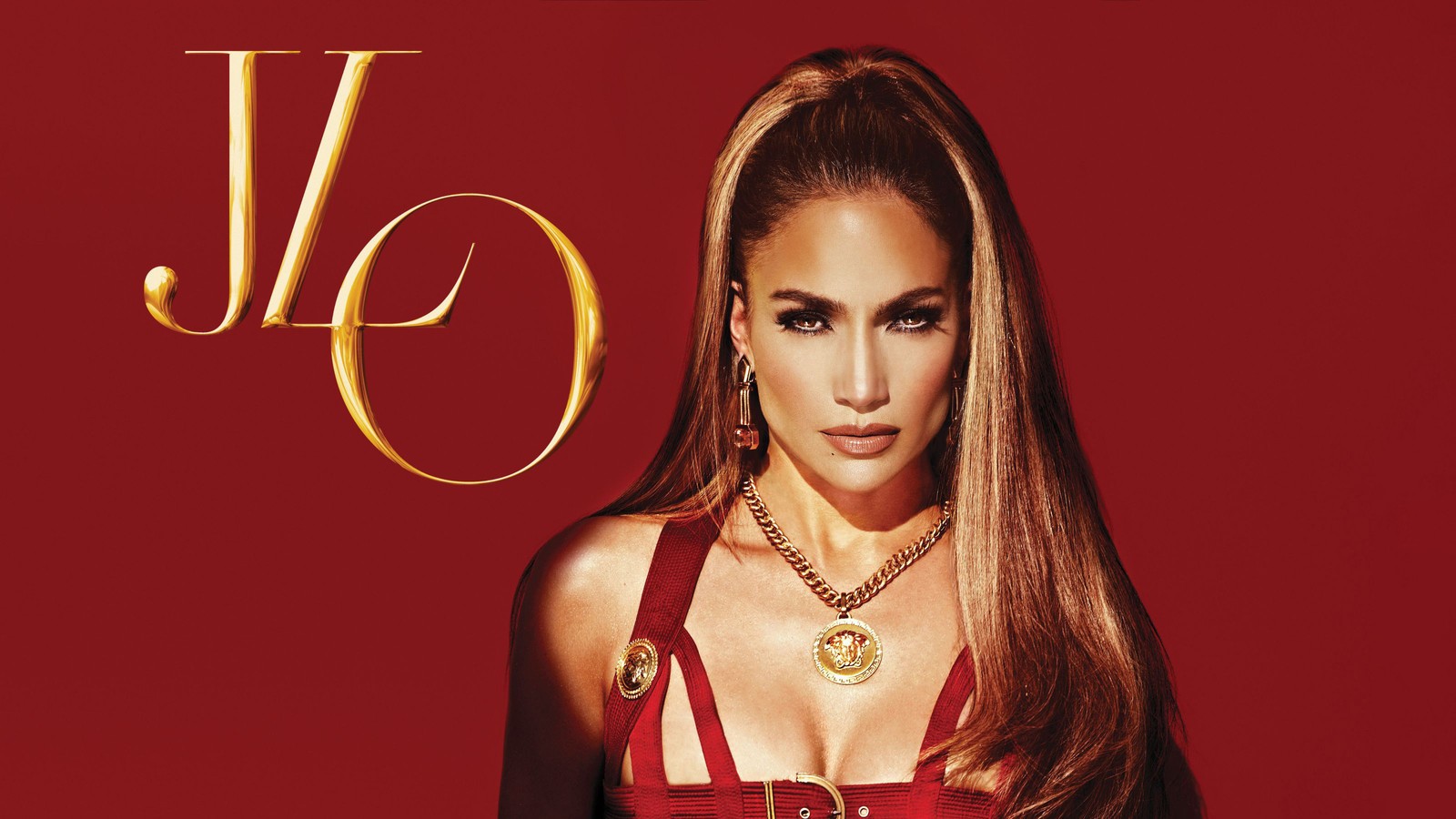 A woman in a red dress with a gold necklace and earrings (jennifer lopez, jlo, american singer, american actress, red background)