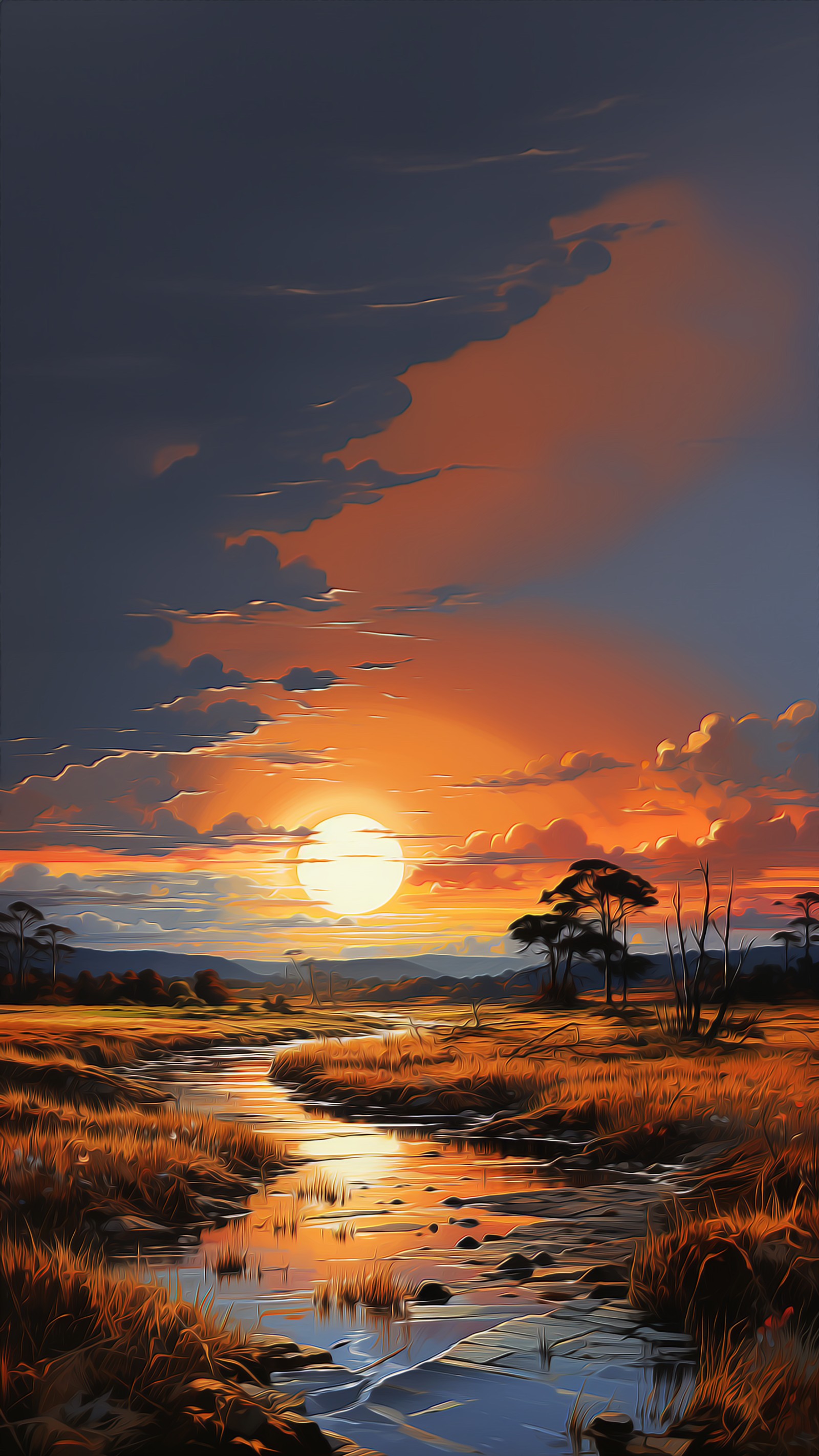 Painting of a sunset over a marsh with a small stream (afterglow, cloud, water, ecoregion, natural landscape)