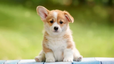 Adorable cachorro corgi esponjoso sentado alegremente en un jardín