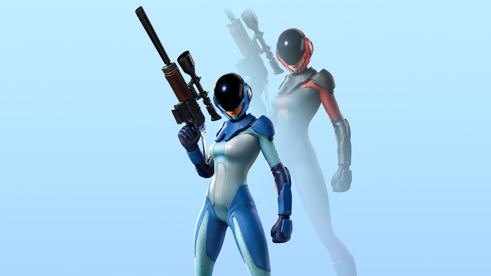 Um close de duas pessoas em um traje azul e branco segurando armas (fortnite, fortnite battle royale, jogo de vídeo, astro assassin)