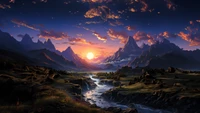 sunrise, mountain, river, landscape, scenery wallpaper