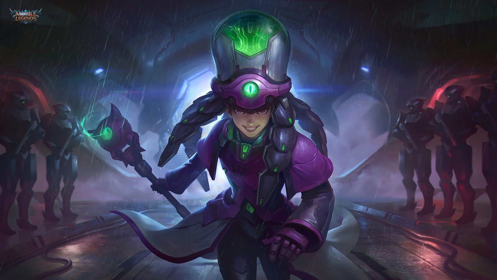 Une femme en tenue violette tenant une lumière verte (harley, venom octopus, peau, mobile legends, ml)