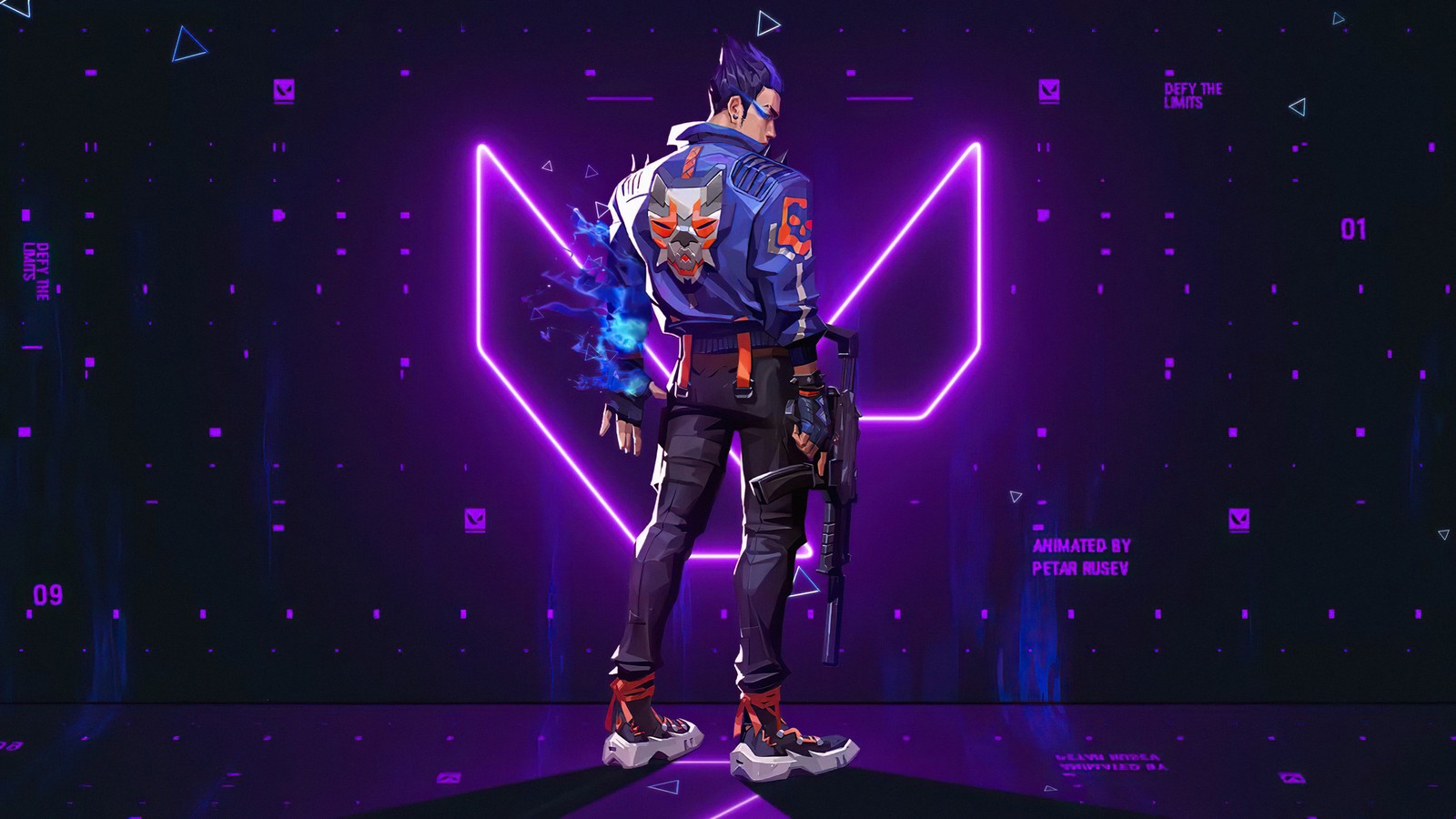 A close up of a person standing in front of a neon background (yoru, neon background, purple aesthetic, valorant agent, games)