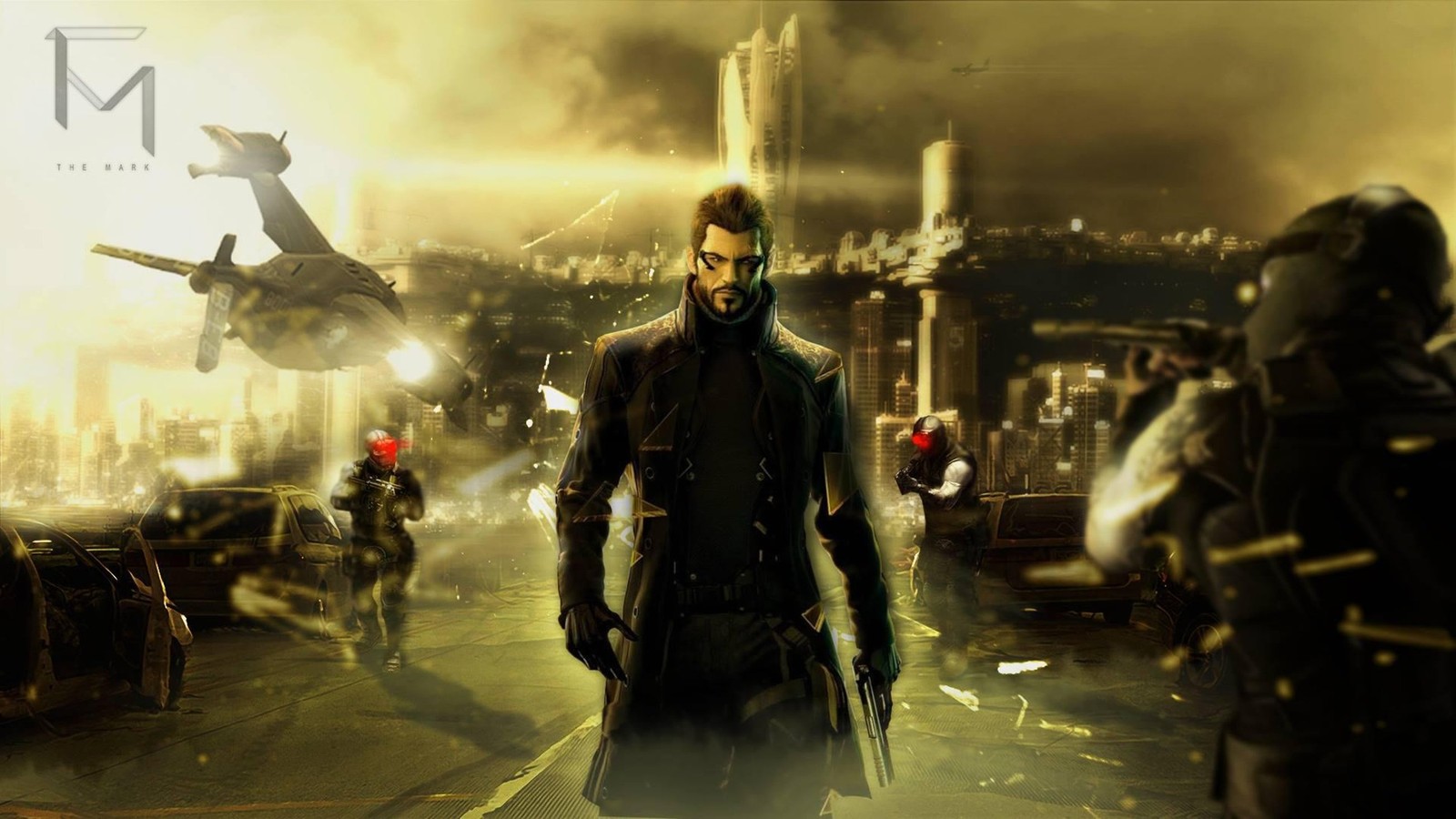 Un primer plano de una persona de pie frente a una ciudad (deus ex revolución humana, deus ex human revolution, película de acción, pc game, soldado)