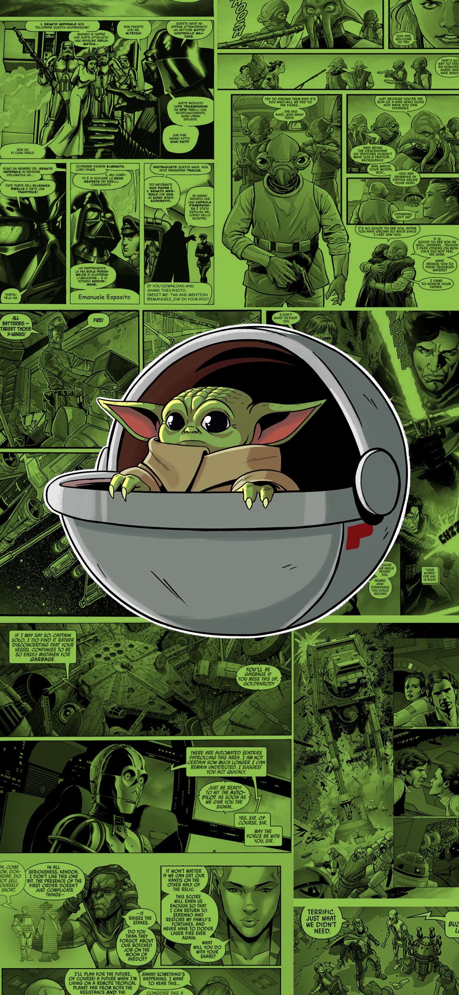 Un primer plano de una tira cómica con un bebé yoda en una nave espacial (grogu, yoda, star wars, verde, caricatura)