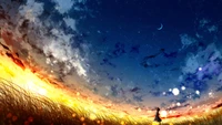 atardecer, cielo, anime, escenario