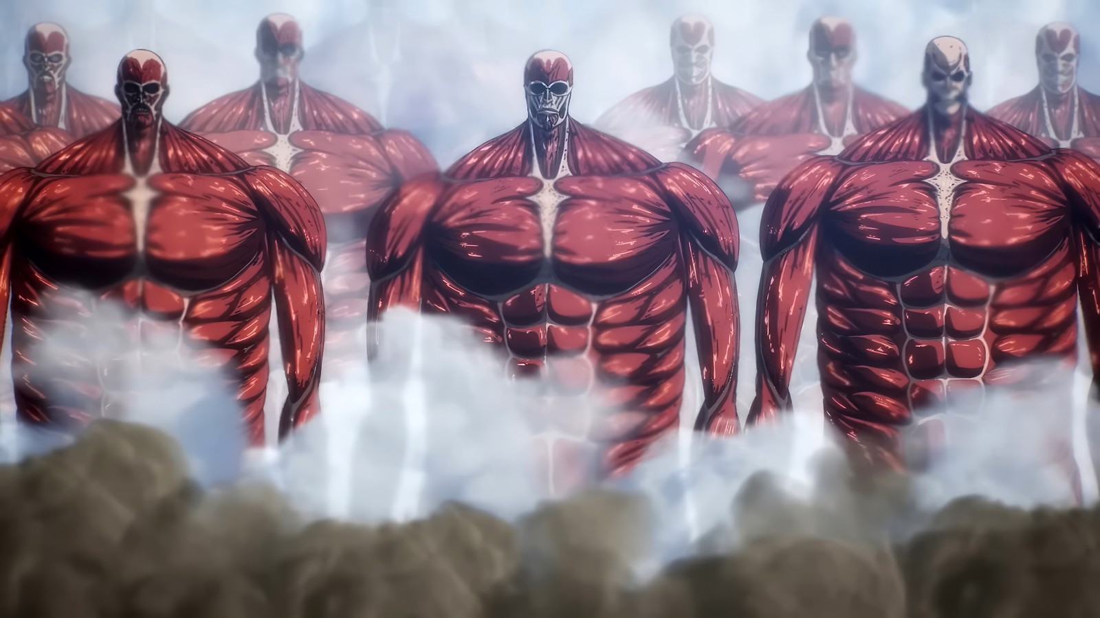 Um close de um grupo de homens musculosos no céu (attack on titan, anime, shingeki no kyojin, aot, snk)