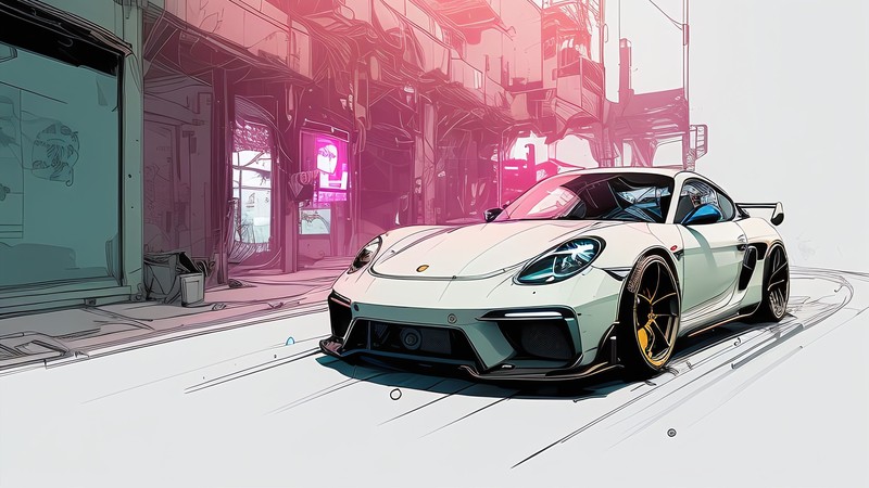 Крупный план белого спортивного автомобиля, едущего по улице (porsche 718 cayman, inkpunk, porsche art, машины, обои 4k)