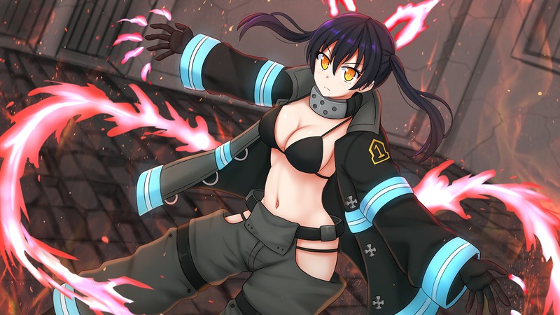 Женщина в черном наряде с розовыми и синими волосами (fire force, аниме, anime, огненная бригада, enen no shouboutai)