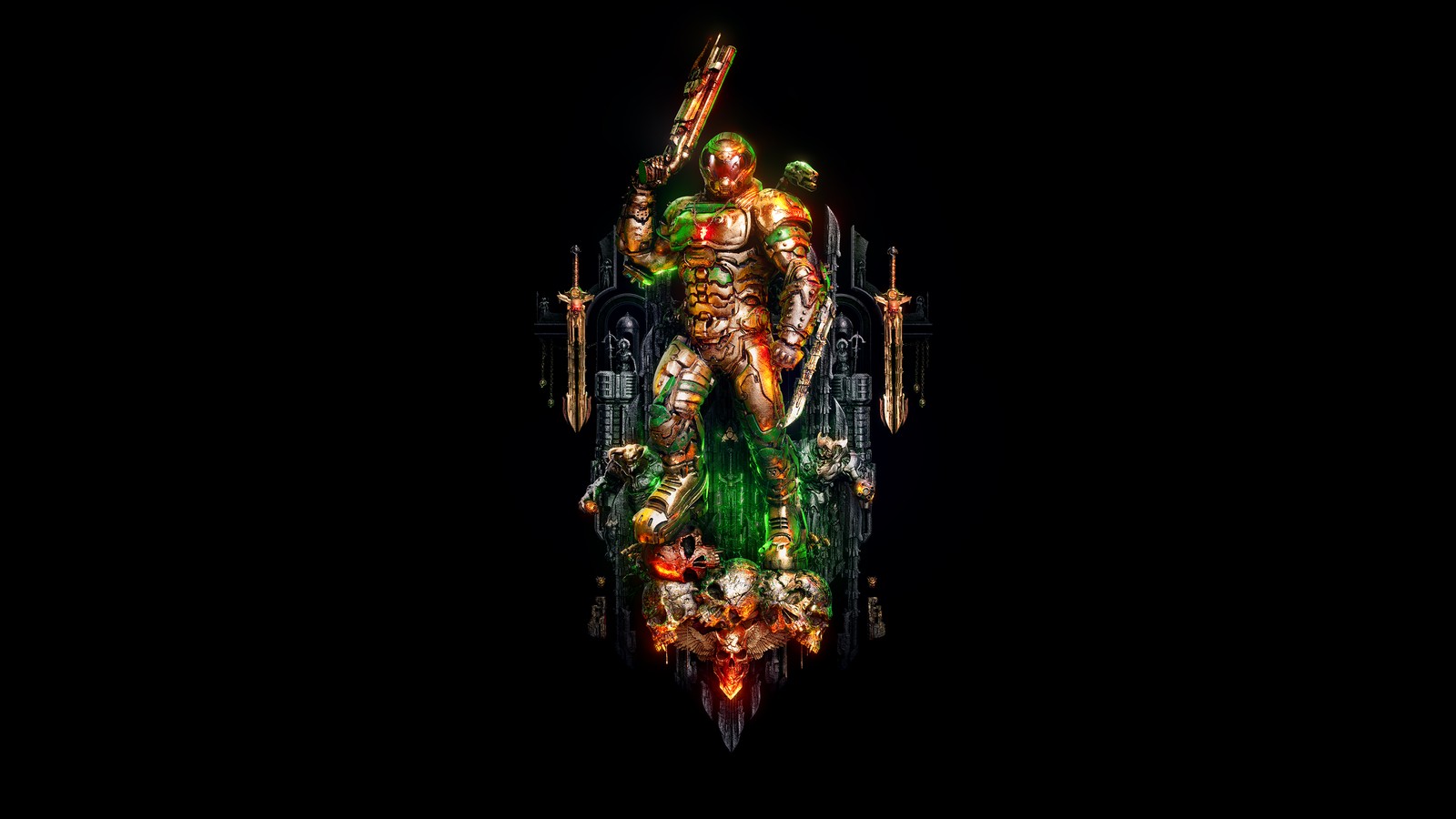 Un primer plano de una estatua de un hombre con una espada (doom slayer, amoled, doom eternal, fondo negro, gráficos cgi)