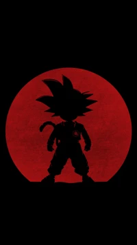 Silueta de Goku contra un dramático fondo de luna roja.