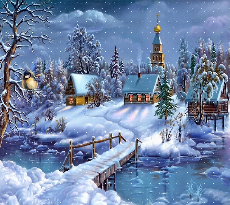 Verschneite nachtszene mit einer brücke und einer kirche im hintergrund (weihnachten, feiertag, landschaft, natur, schnee)