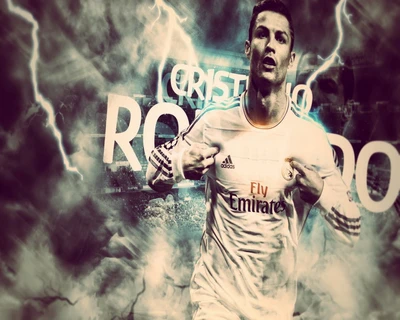 Cristiano Ronaldo Celebrating in Real Madrid Kit with Dramatic Background