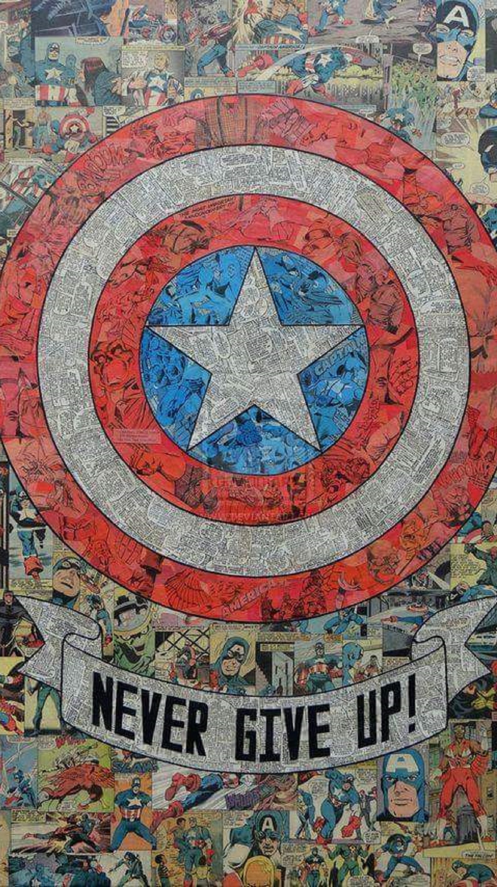 A close up of a captain america poster with a lot of comics (avenger, marvel, retro)