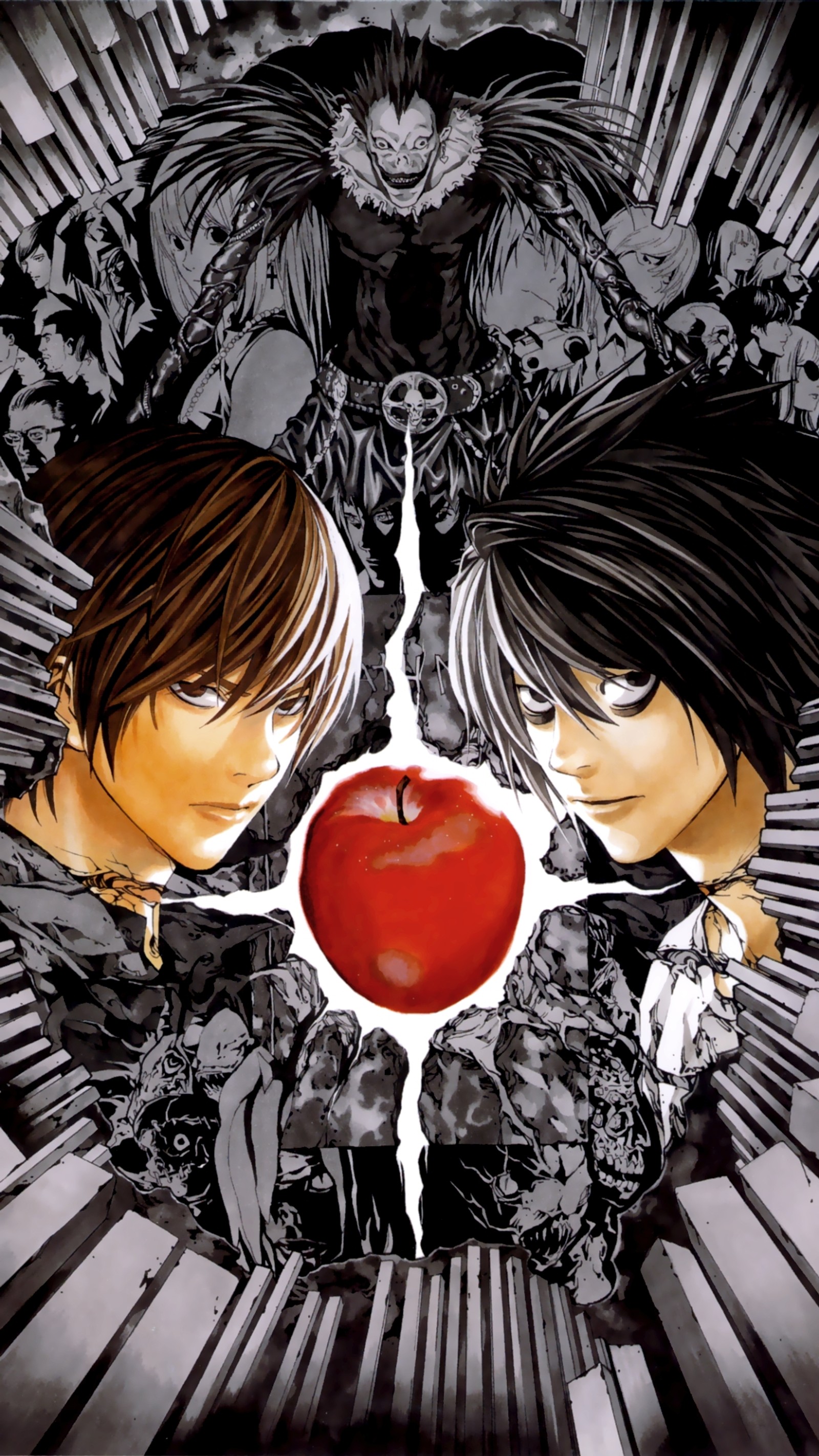 Des personnages d'anime avec une pomme rouge devant un fond noir et blanc (1080x1920, anime, death note, kira, light yagami)