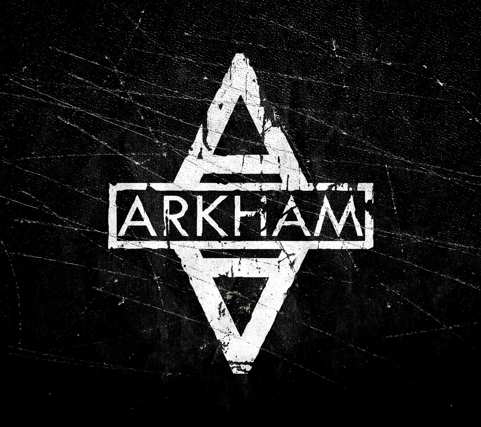 Un logo blanco y negro con un triángulo y una estrella. (arkham, asilo, batman, gotham, grunge)