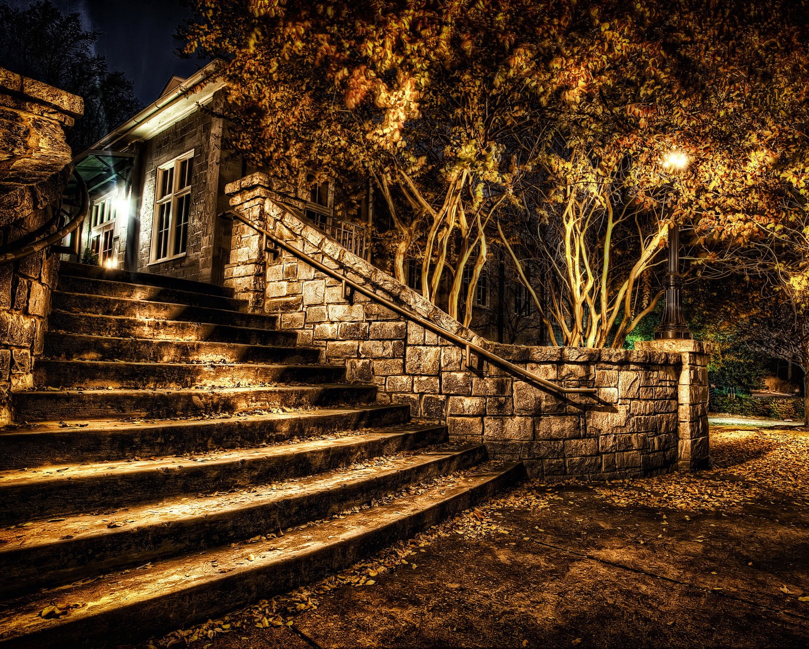 Un primer plano de una escalera de piedra que conduce a un edificio (3d, oscuro, luces, noche, parque)