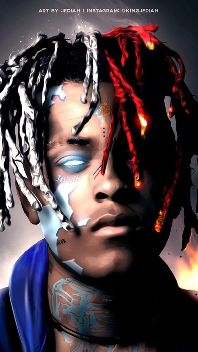 Una fusión impactante de hip hop y arte de anime que presenta un personaje con cabello de dos tonos, acentos azul hielo y rojo fuego, que encarna elementos de Shoto Todoroki de "My Hero Academia", rodeado de llamas dinámicas y una estética urbana y atrevida.