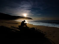 sozinho, praia, nuvens, escuro, paisagem