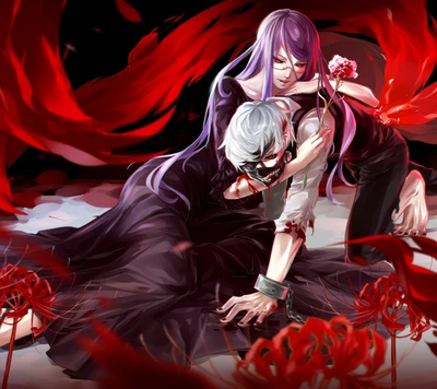 Intense Embrace: Ken Kaneki and Rize Kamishiro in a Dark Tokyo Ghoul Scene