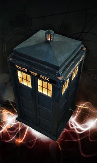 Icônico TARDIS contra um fundo dinâmico