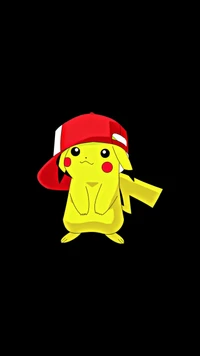 Pikachu com um boné vermelho contra um fundo preto AMOLED.