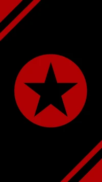 Red and black graphic featuring a central black star within a red circle, framed by diagonal red stripes against a black background.