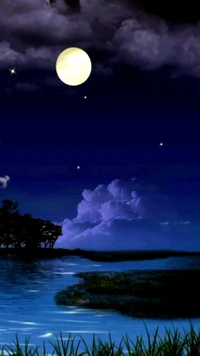 Serene Blue Night with a Glowing Moon