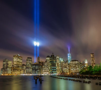 Tribute in Light over New York City Skyline