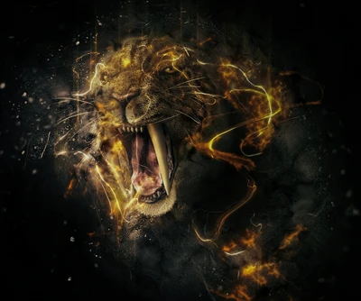 Majestic Lion Surrounded by Fiery Energy