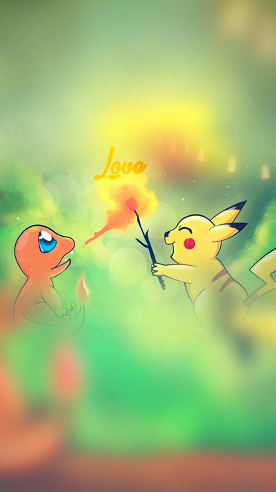 Charming Love: Pikachu and Charmander in a Whimsical Embrace