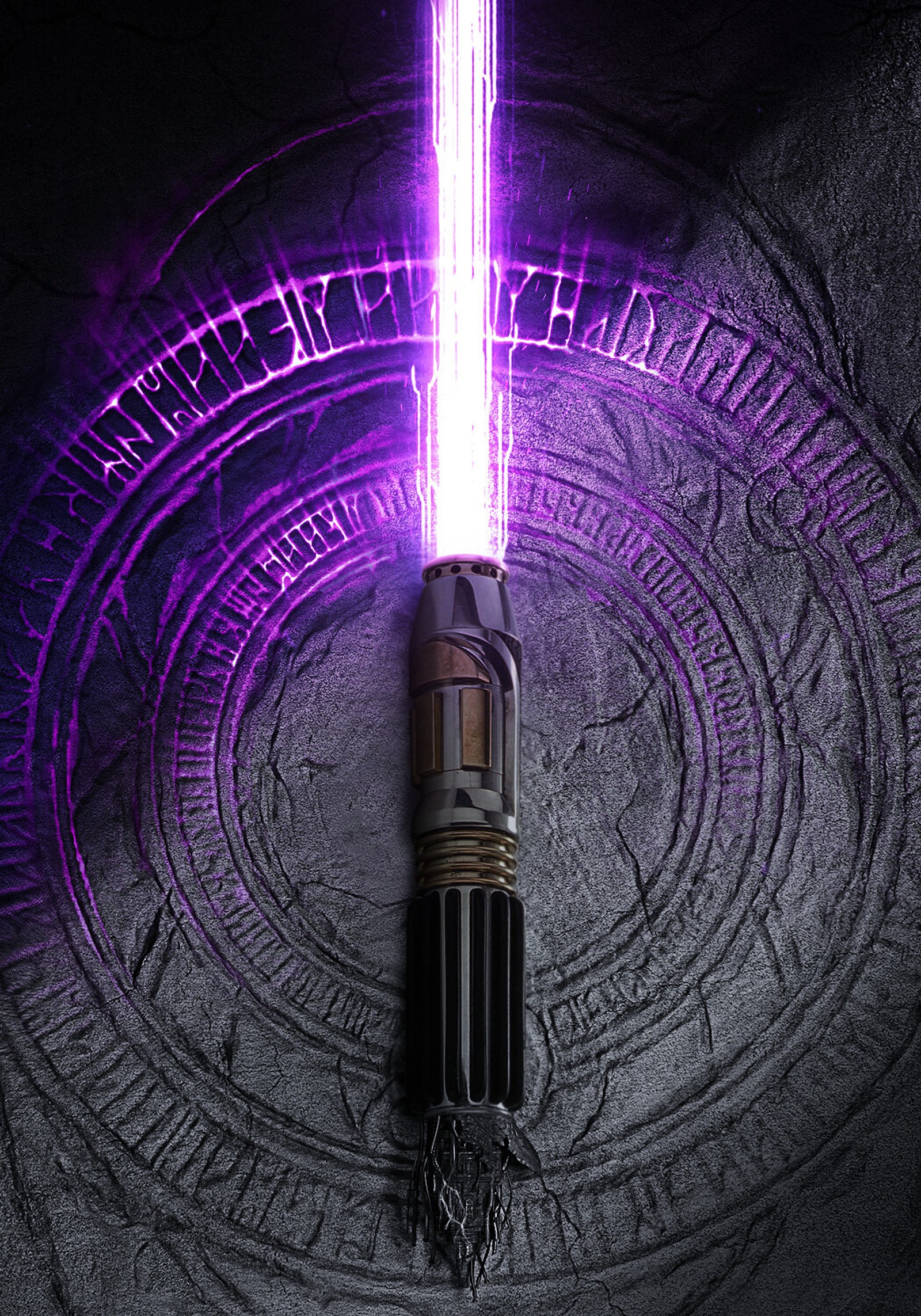 Un gros plan d'un sabre laser avec des lumières violettes dessus (sabre laser, lightsaber, mace windu, star wars)