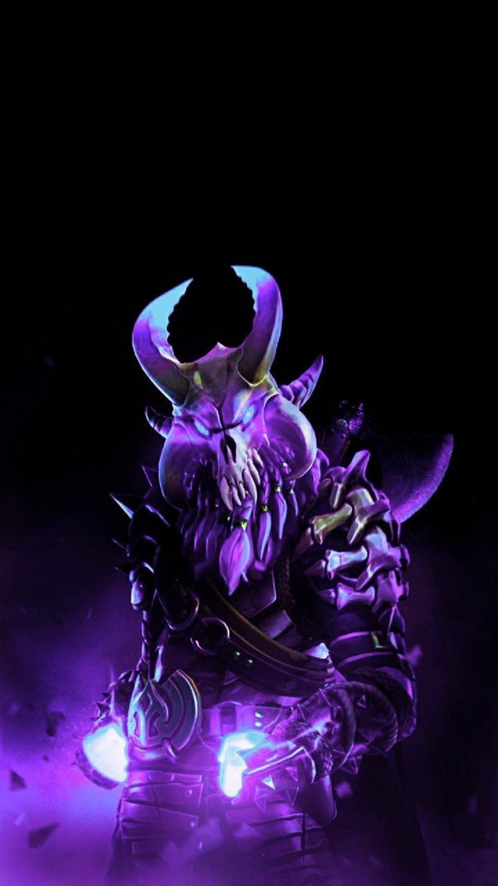 Purple and black photo of a demonic looking creature with a horned head (fortnite, skin)