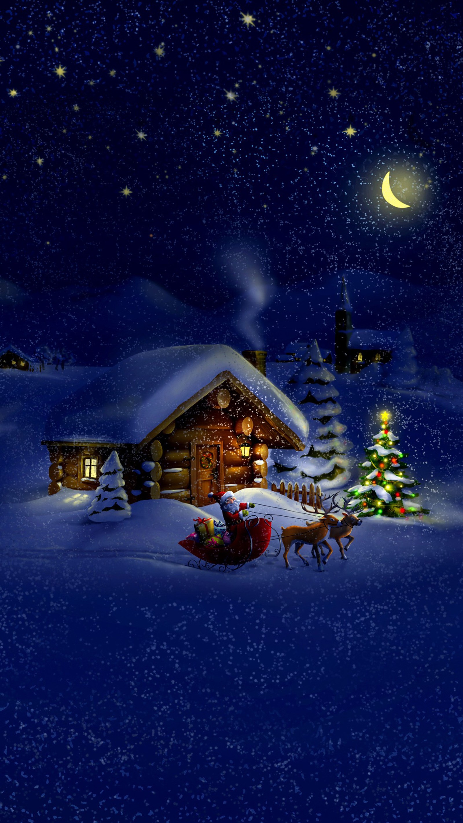 There is a small cabin with a christmas tree and a reindeer (christmas day, holiday, christmas tree, android, christmas eve)