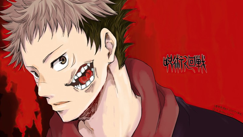 Крупный план человека с кровавым лицом на красном фоне (yuji itadori, jujutsu kaisen, аниме, anime, сражение магов)