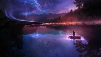 Serene Nightscape: A Solitary Fisherman on a Starry Lake