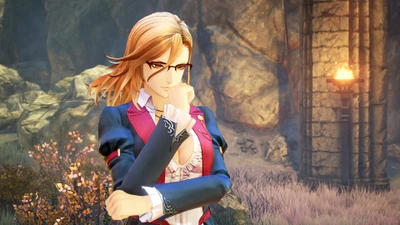 Kisara de Tales of Arise em uma pose contemplativa contra uma paisagem mística.