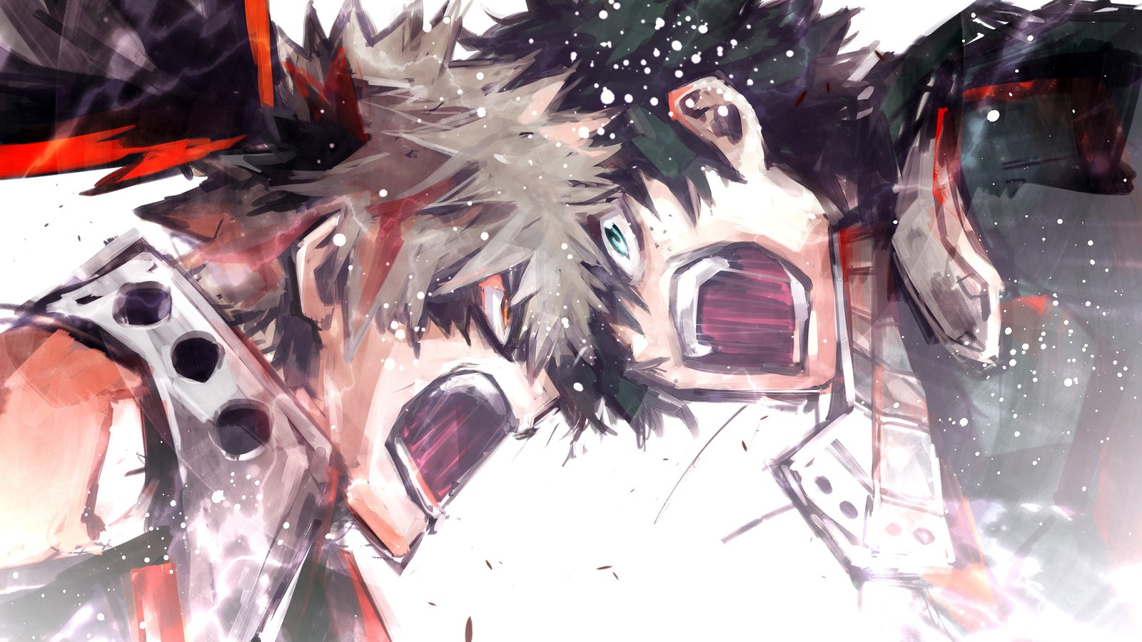 Personagens de anime com as cabeças inclinadas em um círculo (katsuki bakugo, kacchan, izuku midoriya, deku, boku no hero academia)