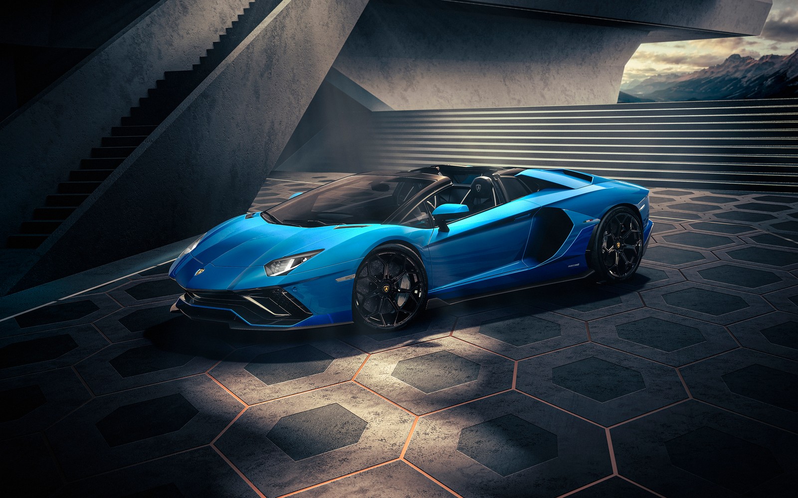 Un coche deportivo lamborghini azul estacionado frente a una escalera (lamborghini aventador lp 780 4 ultimae roadster, supercoches, 2021, 5k, coches)