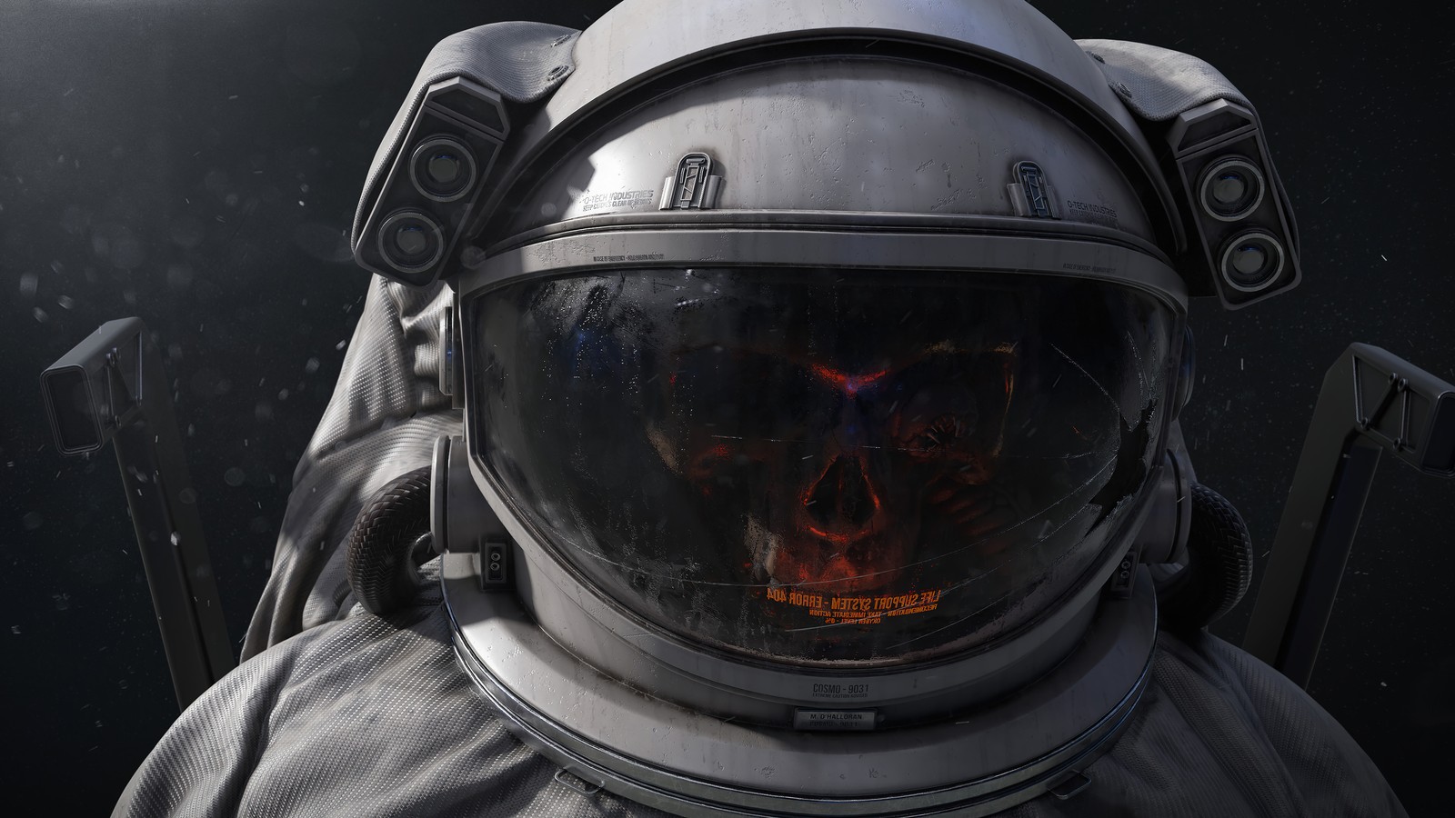 There is a man in a space suit with a helmet on (astronaut, skull, digital art)