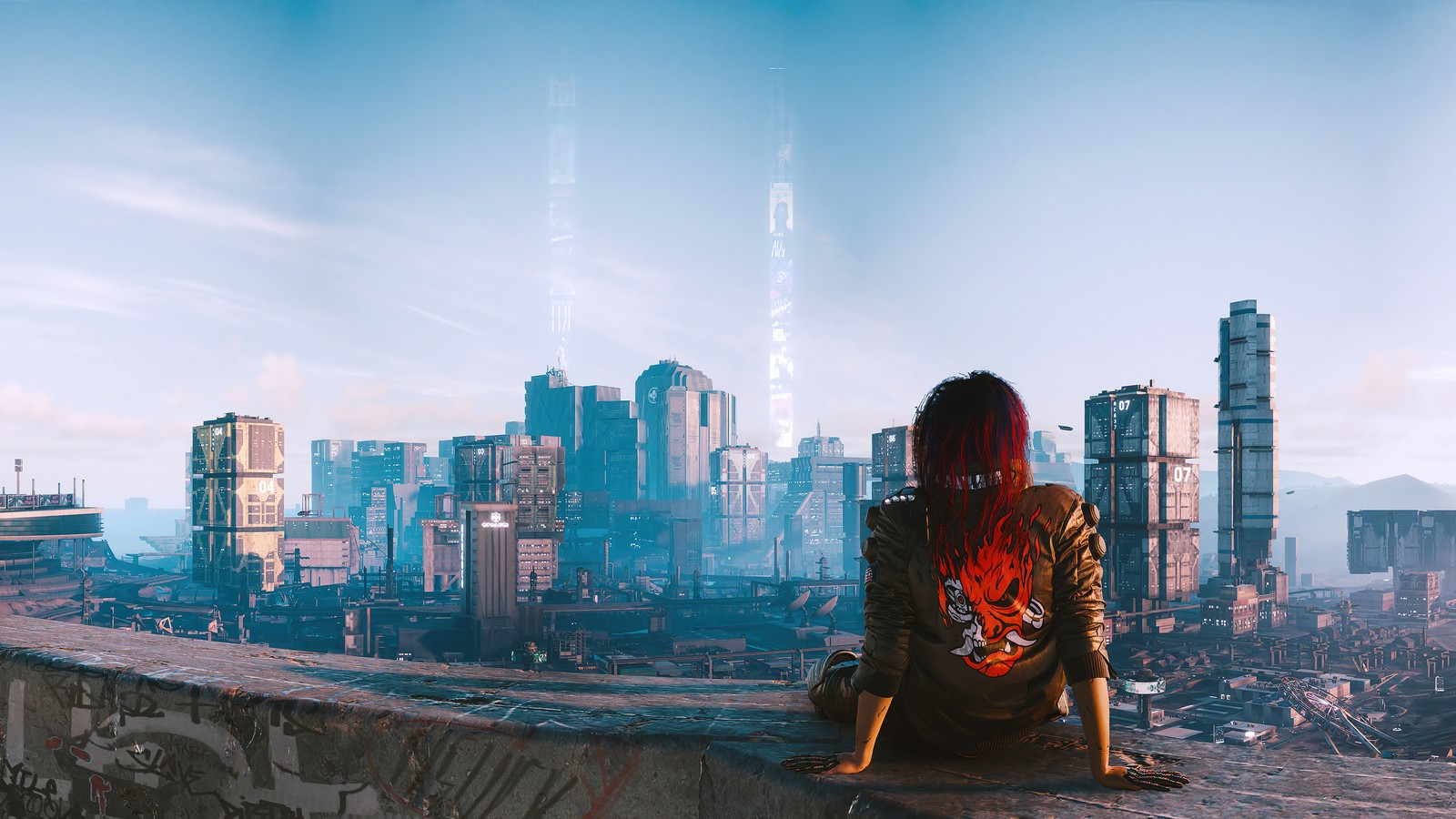 Femme arabe assise sur un rebord regardant la ville (cyberpunk 2077, jeu vidéo, samouraï, veste, logo)