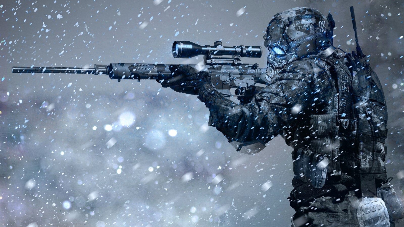 Arafed soldier with rifle in snow storm with lights (sci fi, soldier, sniper, rifle)