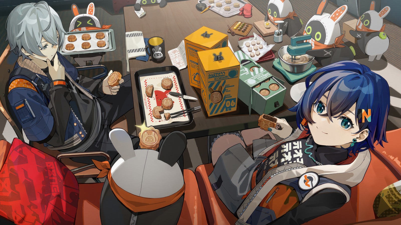 A group of anime characters sitting around a table with food (zenless zone zero, video game, zzz, belle, wise)