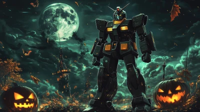 Pumpkin-Headed Gundam in a Haunted Halloween Landscape