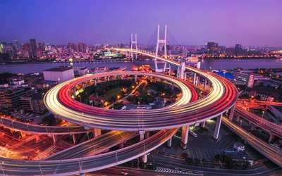 Vibrant Night Cityscape with Iconic Overpass in a Metropolis