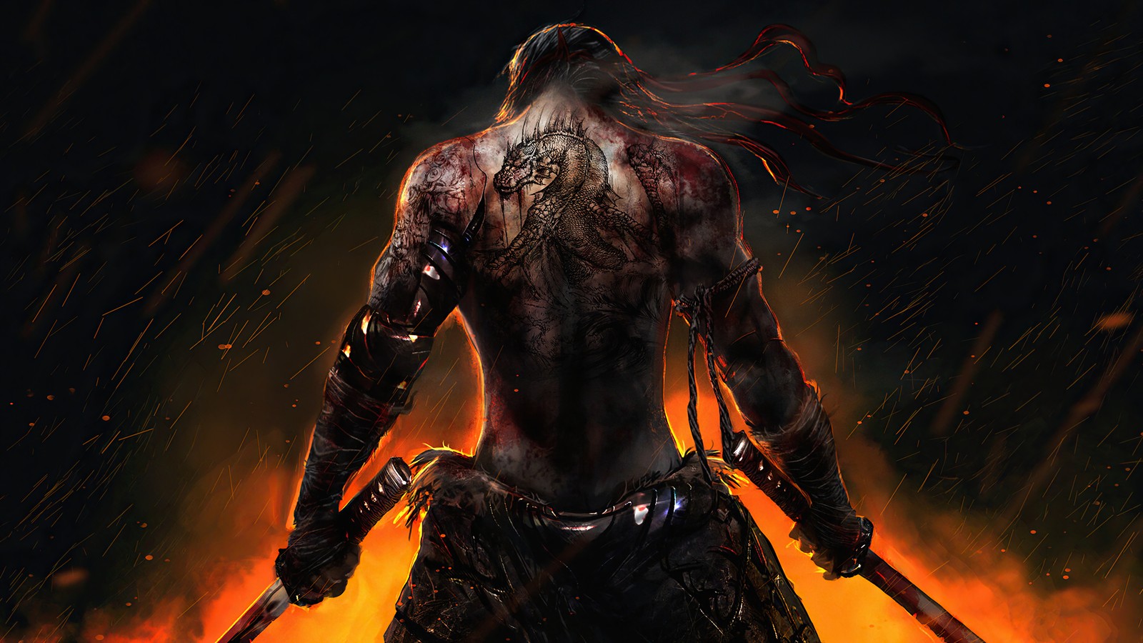 warrior, back, tattoo, katana, sword wallpaper